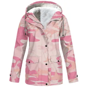 Front view of a pink camouflage hooded outdoor jacket with soft white fleece lining.