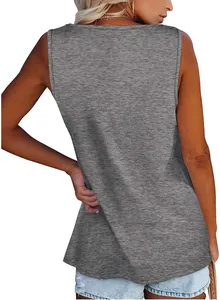 Detailed back view of a casual gray sleeveless crewneck tank top for women in loose fit.