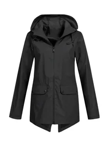 Lightweight black hooded windbreaker jacket for women with front zipper and flap pockets