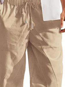 Close-up of drawstring waist and pocket texture on men's linen-blend casual pants