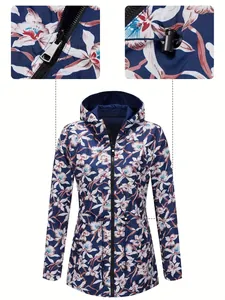 Detailed view of women's slim floral windbreaker showing zipper and drawstring toggle detail.