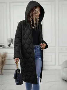 Women's long hooded quilted jacket in black, ideal for a stylish and casual winter look.