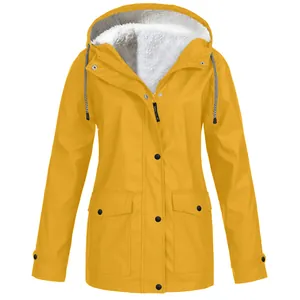 Front view of yellow hooded fleece-lined outdoor jacket with large pockets