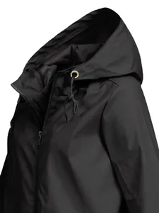 Close-up detail of women's black lightweight hooded outdoor windbreaker jacket