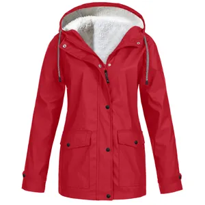 Red fleece-lined hooded outdoor jacket with warm white lining and front pockets