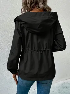 Back view of a black hooded waterproof outdoor windbreaker jacket with drawstring