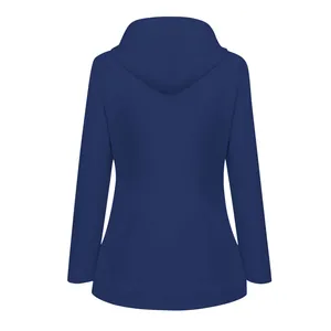 Rear view of a dark blue hooded waterproof outdoor jacket for autumn and winter activities