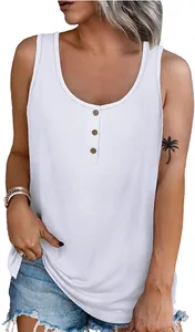 Detailed view of women's white sleeveless henley tank top with wooden buttons and round neck