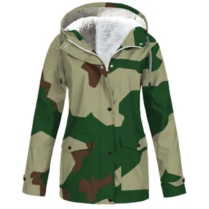 Outdoor hooded camouflage jacket for men featuring a warm white fleece lining detail