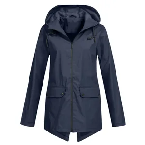 Professional women's navy blue lightweight hooded outdoor windbreaker jacket with zipper front