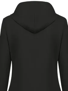 Vue arrière détaillée d'une veste d'extérieur noire imperméable à capuche pour femme.