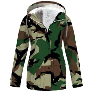 Men's camouflage hooded outdoor jacket with warm white fleece lining and pockets.