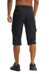 Rear view of men's water-repellent multi-pocket outdoor cargo shorts in black finish.