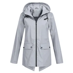 Women's lightweight hooded windbreaker in light grey with front zipper and flap pockets.