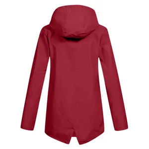 Back view of a burgundy hooded waterproof jacket with swallowtail hem design detail.