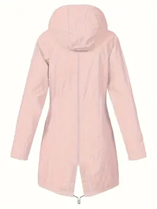 Detailed back view of a pink waterproof outdoor jacket for women with hood and slit