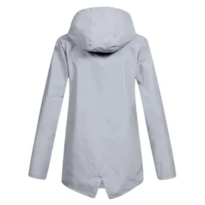 Professional back view of a lightweight gray outdoor hooded windbreaker for women