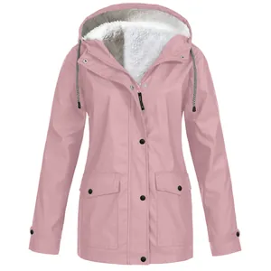 Pink women's fleece-lined hooded outdoor jacket with windproof shell and warm lining