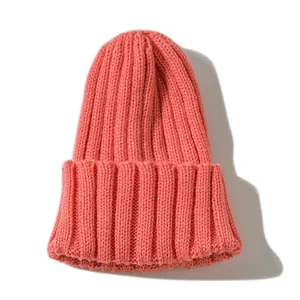 Berretto in maglia a coste rosa salmone per bambini, cappello invernale caldo con risvolto