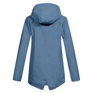 Detailed back view of a blue hooded waterproof outdoor jacket featuring a unique split hem