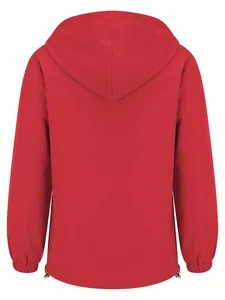 Back view of a red lightweight hooded windbreaker jacket for women with elastic cuffs
