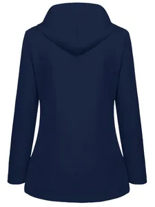 Vue arrière détaillée de la veste coupe-vent imperméable bleu marine à capuche pour femmes