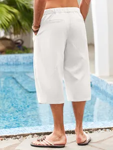 Rear detail view of mens white cotton linen casual beach shorts with elastic waist