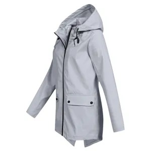 Side view of women's lightweight hooded windbreaker jacket in light gray color