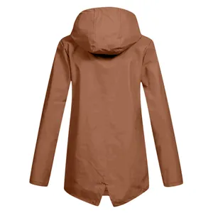 Back view of a brown hooded windbreaker outdoor jacket featuring a waterproof design