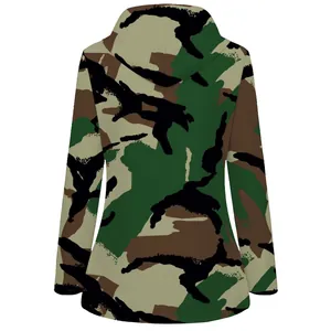 Detailed back view of a men's woodland camouflage hooded outdoor windbreaker jacket