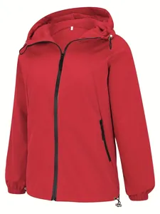 Red women's lightweight windbreaker with full-zip hood and functional side pockets