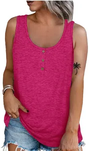 Detail view of the magenta sleeveless top featuring a round neck and front button accents