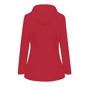 Detailed back view of a red hooded outdoor jacket featuring windproof and waterproof fabric