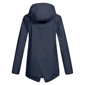 Back view of women's navy blue lightweight hooded outdoor windbreaker jacket coat
