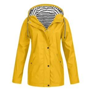 Yellow waterproof hooded outdoor jacket with striped lining detail for women
