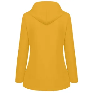 Yellow hooded waterproof jacket back view showing outdoor functional design detail.