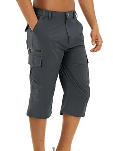 Men's dark grey water-repellent outdoor cargo shorts with multiple utility pockets