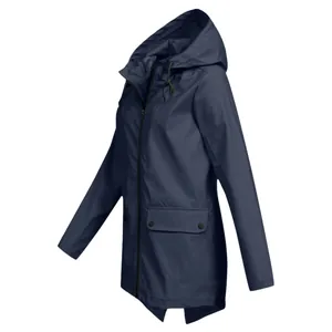 Side view of navy blue hooded lightweight windbreaker jacket with zipper and pockets