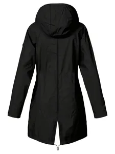 Rear view of a black women's waterproof hooded outdoor mountaineering jacket with slit