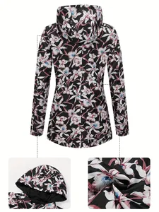 Floral print women's waterproof windbreaker jacket with hood shown in back view and details