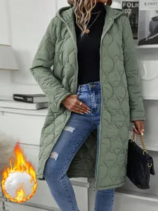 Detail view of long olive green quilted hooded cotton-padded coat for women