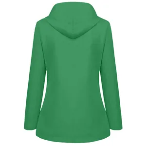 Back view of a vibrant green solid color hooded windbreaker jacket for women or kids