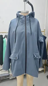 Detailed front view of the hooded waterproof windbreaker jacket in dusty blue grey color