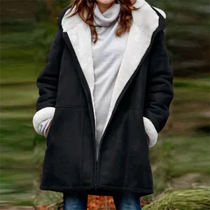 Manteau mi-long à capuche pour femme, doublé en polaire épaisse blanche et noire