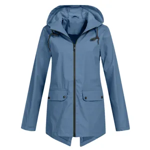 Detailed view of lightweight blue hooded windbreaker jacket for women with front zipper