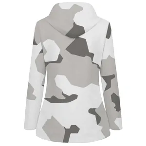 Back view of a men's hooded outdoor jacket featuring a grey and white camouflage pattern