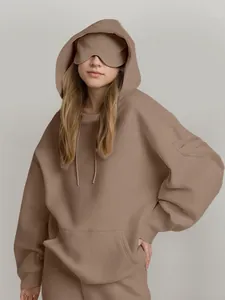 Women's oversized taupe solid color hoodie set with unique matching sleep mask accessory
