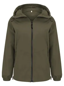 Front detail showing the zipper closure and hood of this olive green lightweight jacket.