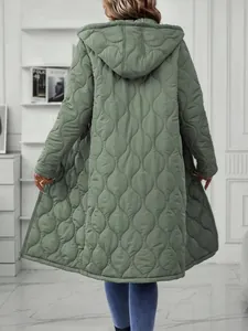 Detailed back view of a women's long quilted hooded casual jacket in sage green color