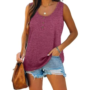 Women's casual sleeveless heathered burgundy tank top with button-up henley neckline
